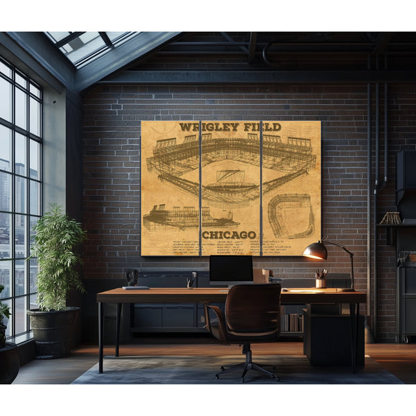 Wrigley Field Art - Chicago Cubs Stadium Print as a 3 panel canvas wrap in an industrial loft office