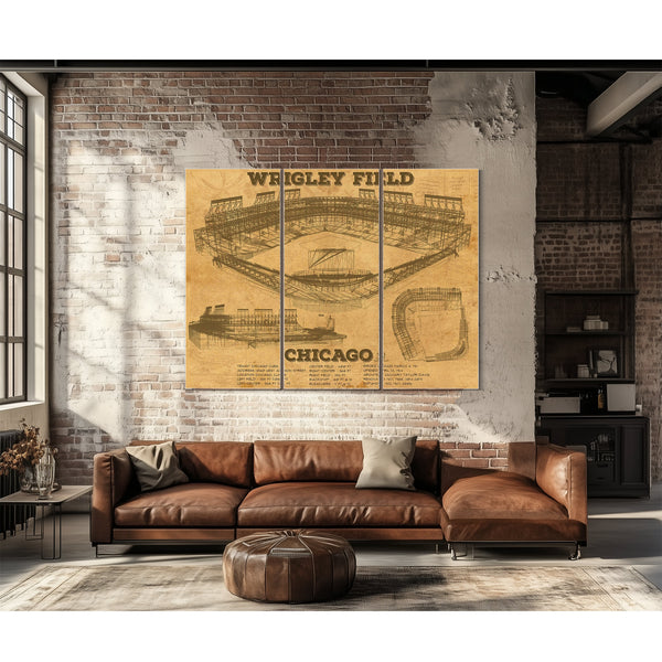 Wrigley Field Art - Chicago Cubs Stadium Print as a 3 panel canvas wrap above a leather sofa