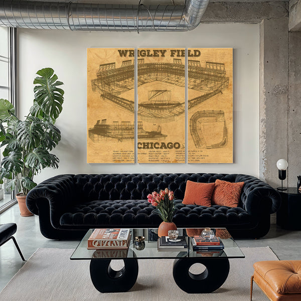Wrigley Field Art - Chicago Cubs Stadium Print as a 3 panel canvas wrap in a modern living room