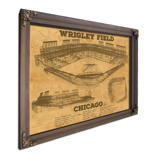 Wrigley Field Art - Chicago Cubs Stadium Print in a Bourbon stained wood frame with antique gold corners