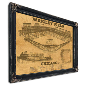 Wrigley Field Art - Chicago Cubs Stadium Print in a distressed Vintage Black wood frame with ornate corners