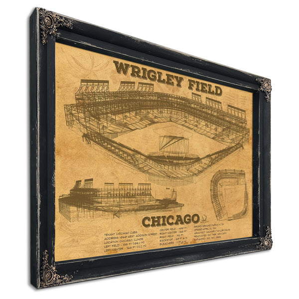 Wrigley Field Art - Chicago Cubs Stadium Print in a distressed Vintage Black wood frame with ornate corners