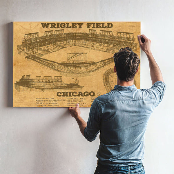 Wrigley Field Art - Chicago Cubs Stadium Print framed in Vintage Black above a mid-century record console