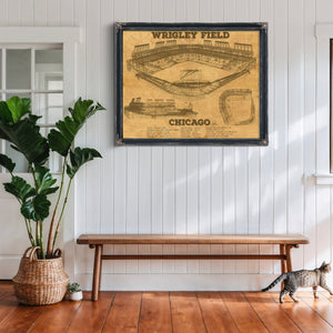 Wrigley Field Art - Chicago Cubs Stadium Print framed in Vintage Black above a rustic console table