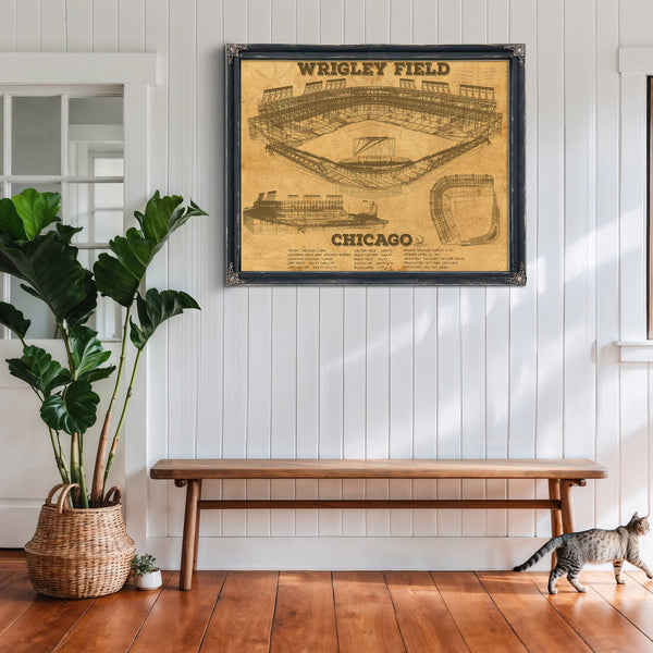 Wrigley Field Art - Chicago Cubs Stadium Print framed in Vintage Black above a rustic console table