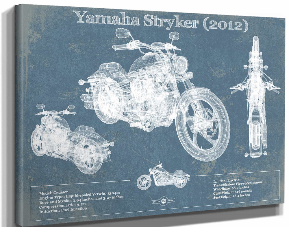 14" x 11" / Stretched Canvas Wrap Cutler West Yamaha Stryker (2012) Vintage Blueprint Motorcycle Patent Print