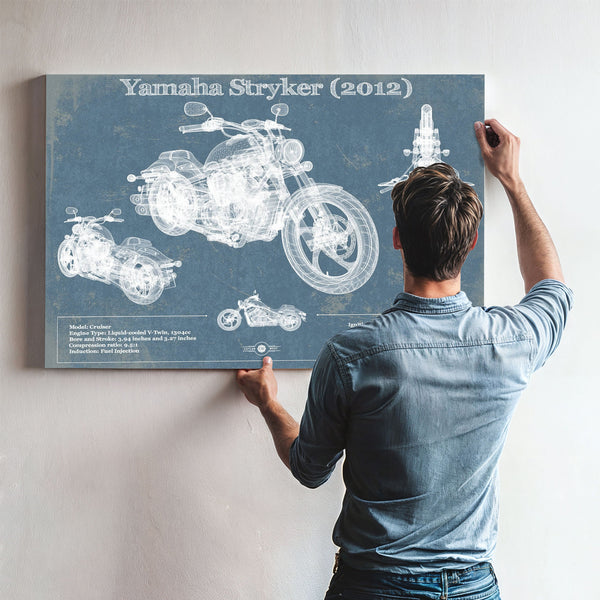 2012 Yamaha Stryker Print framed in Vintage Black above a mid-century record console