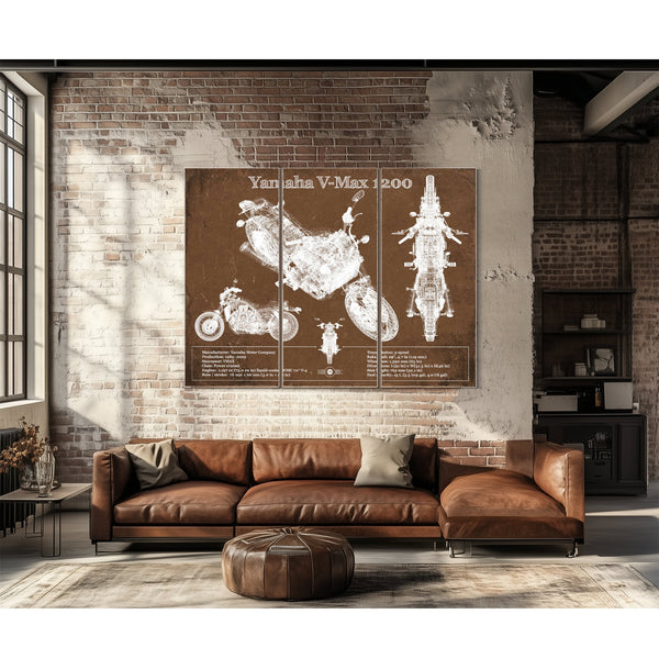 Yamaha V-Max 1200 Print as a 3 panel canvas wrap above a leather sofa