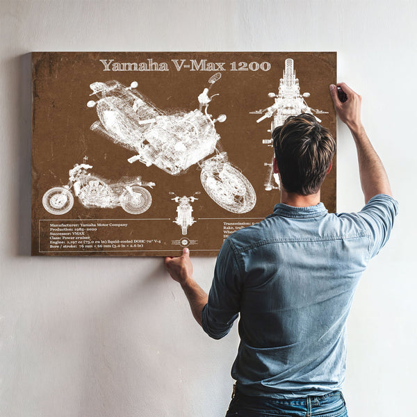 Yamaha V-Max 1200 Print framed in Vintage Black above a mid-century record console
