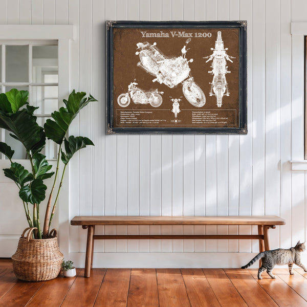 Yamaha V-Max 1200 Print framed in Vintage Black above a rustic console table