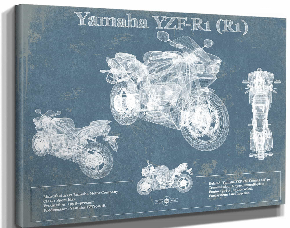 14" x 11" / Stretched Canvas Wrap Cutler West Yamaha YZF-R1 (R1) Blueprint Motorcycle Patent Print
