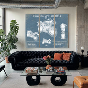 Yamaha YZF-R1 (R1) Print as a 3 panel canvas wrap in a modern living room