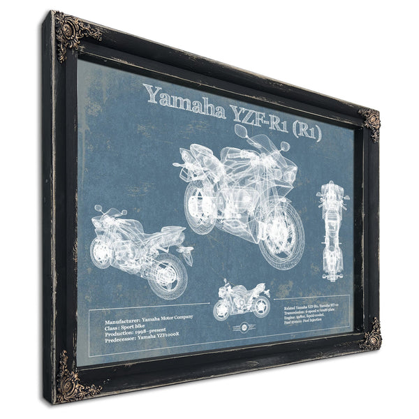 Yamaha YZF-R1 (R1) Print in a distressed Vintage Black wood frame with ornate corners