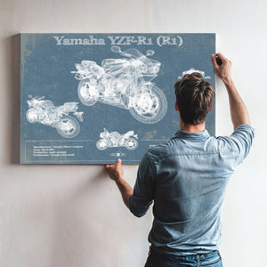 Yamaha YZF-R1 (R1) Print framed in Vintage Black above a mid-century record console