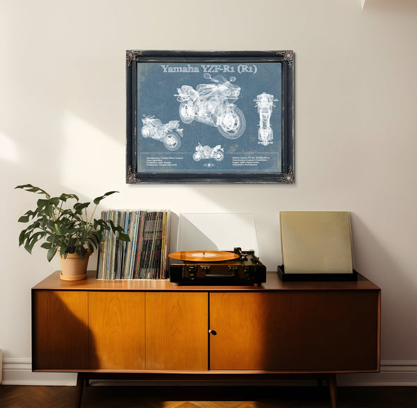 Yamaha YZF-R1 (R1) Print framed in Vintage Black in a loft bedroom