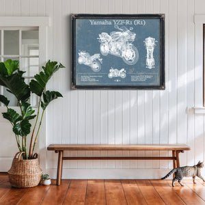 Yamaha YZF-R1 (R1) Print framed in Vintage Black above a rustic console table