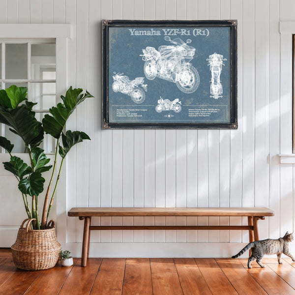 Yamaha YZF-R1 (R1) Print framed in Vintage Black above a rustic console table
