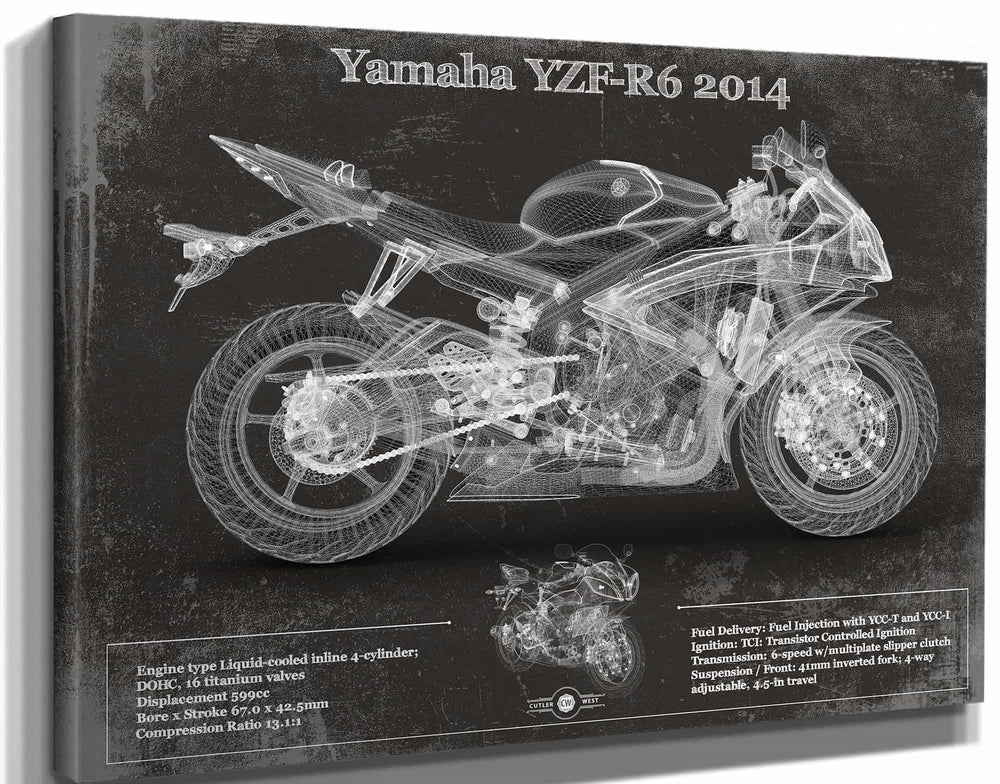14" x 11" / Stretched Canvas Wrap Cutler West Yamaha YZF-R6 2014 Blueprint Motorcycle Patent Print