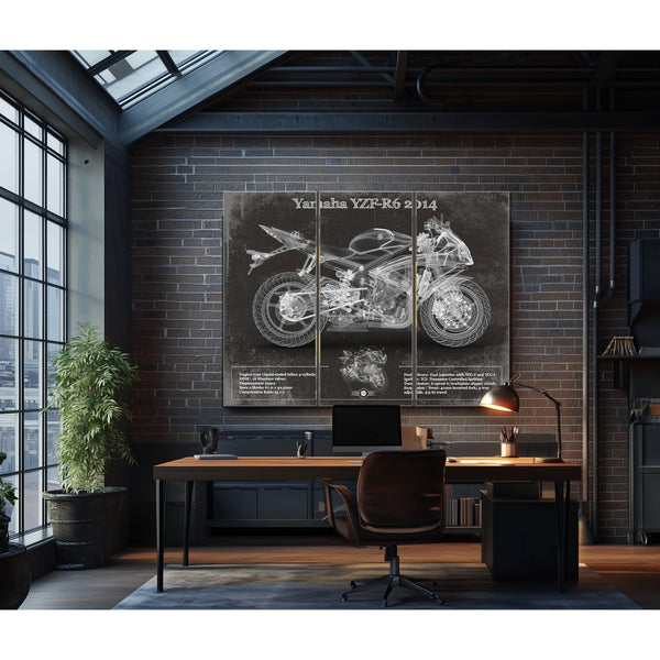 2014 Yamaha YZF-R6 Print as a 3 panel canvas wrap in an industrial loft office
