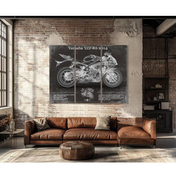 2014 Yamaha YZF-R6 Print as a 3 panel canvas wrap above a leather sofa
