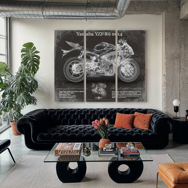 2014 Yamaha YZF-R6 Print as a 3 panel canvas wrap in a modern living room