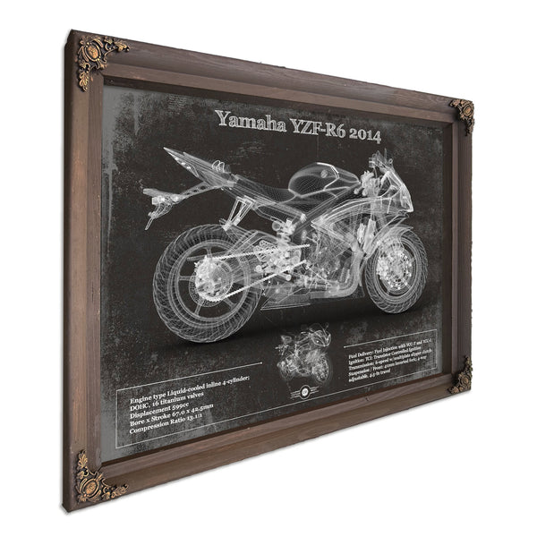 2014 Yamaha YZF-R6 Print in a Bourbon stained wood frame with antique gold corners