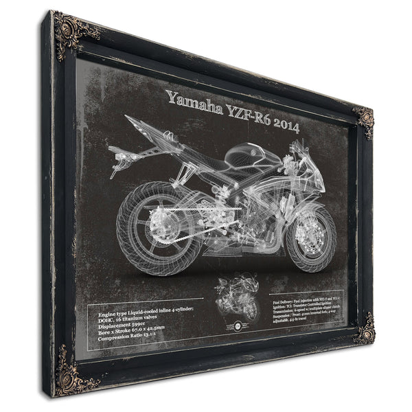 2014 Yamaha YZF-R6 Print in a distressed Vintage Black wood frame with ornate corners