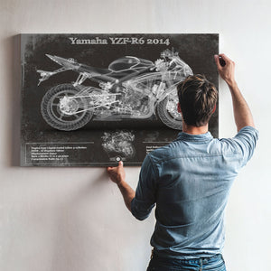 2014 Yamaha YZF-R6 Print framed in Vintage Black above a mid-century record console