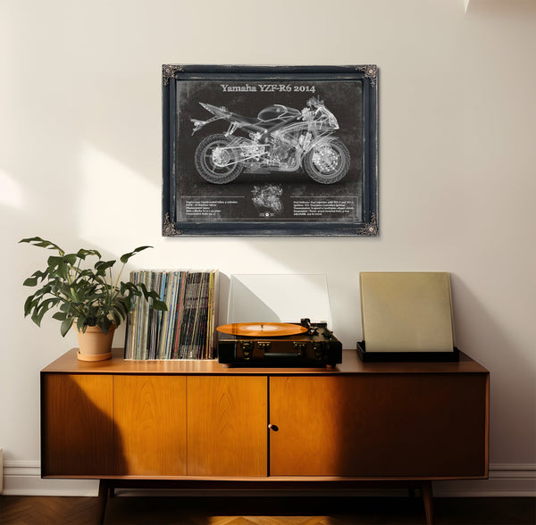 2014 Yamaha YZF-R6 Print framed in Vintage Black in a loft bedroom