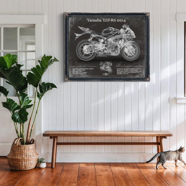 2014 Yamaha YZF-R6 Print framed in Vintage Black above a rustic console table