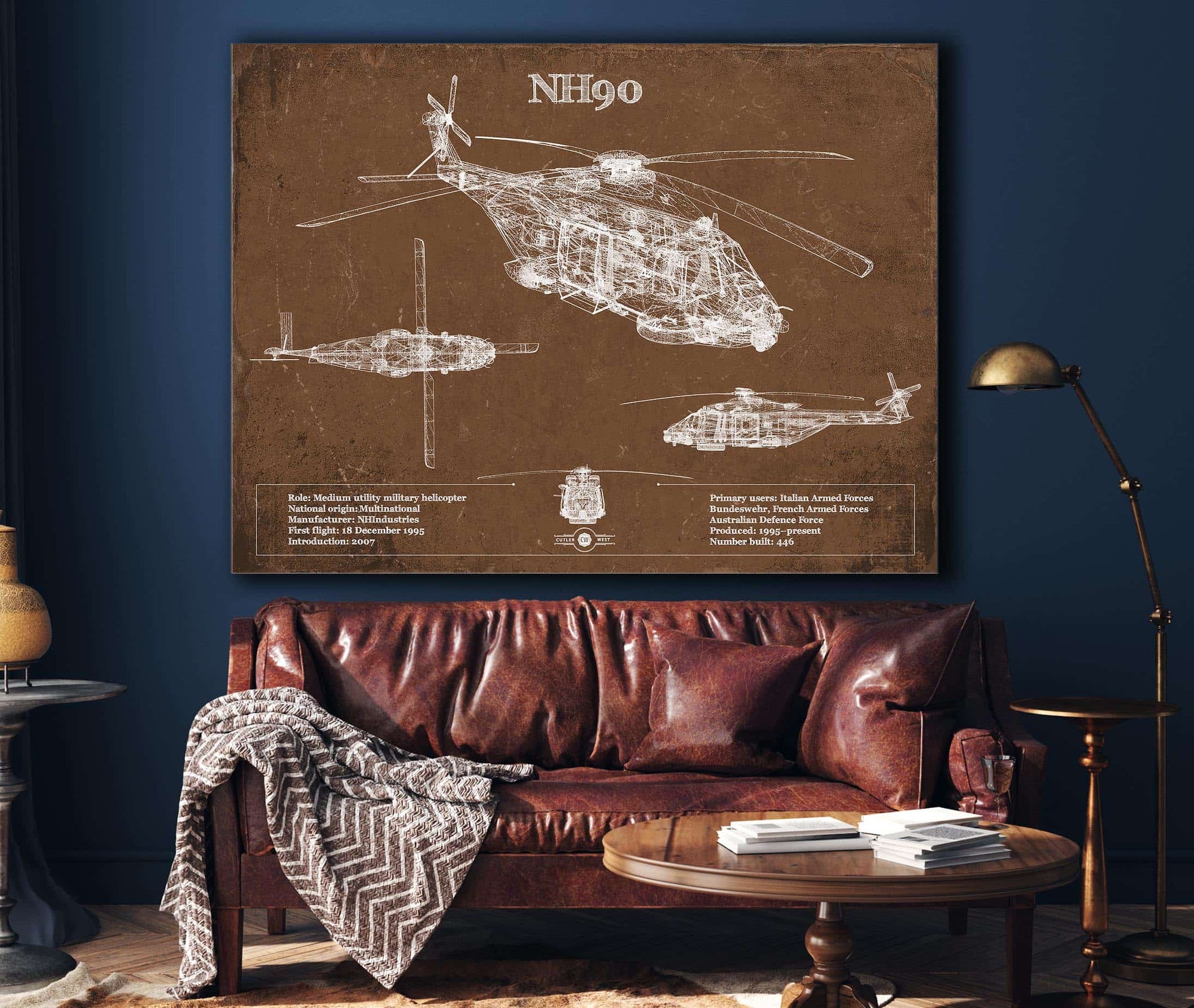 Cutler West NHIndustries NH90 Helicopter Vintage Aviation Blueprint Military Print