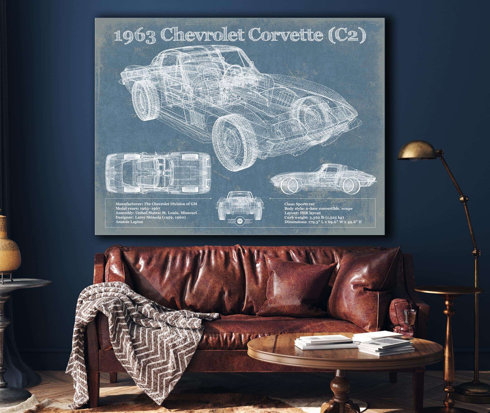 Cutler West 1963 Chevrolet Corvette (C2) Vintage Blueprint Auto Print