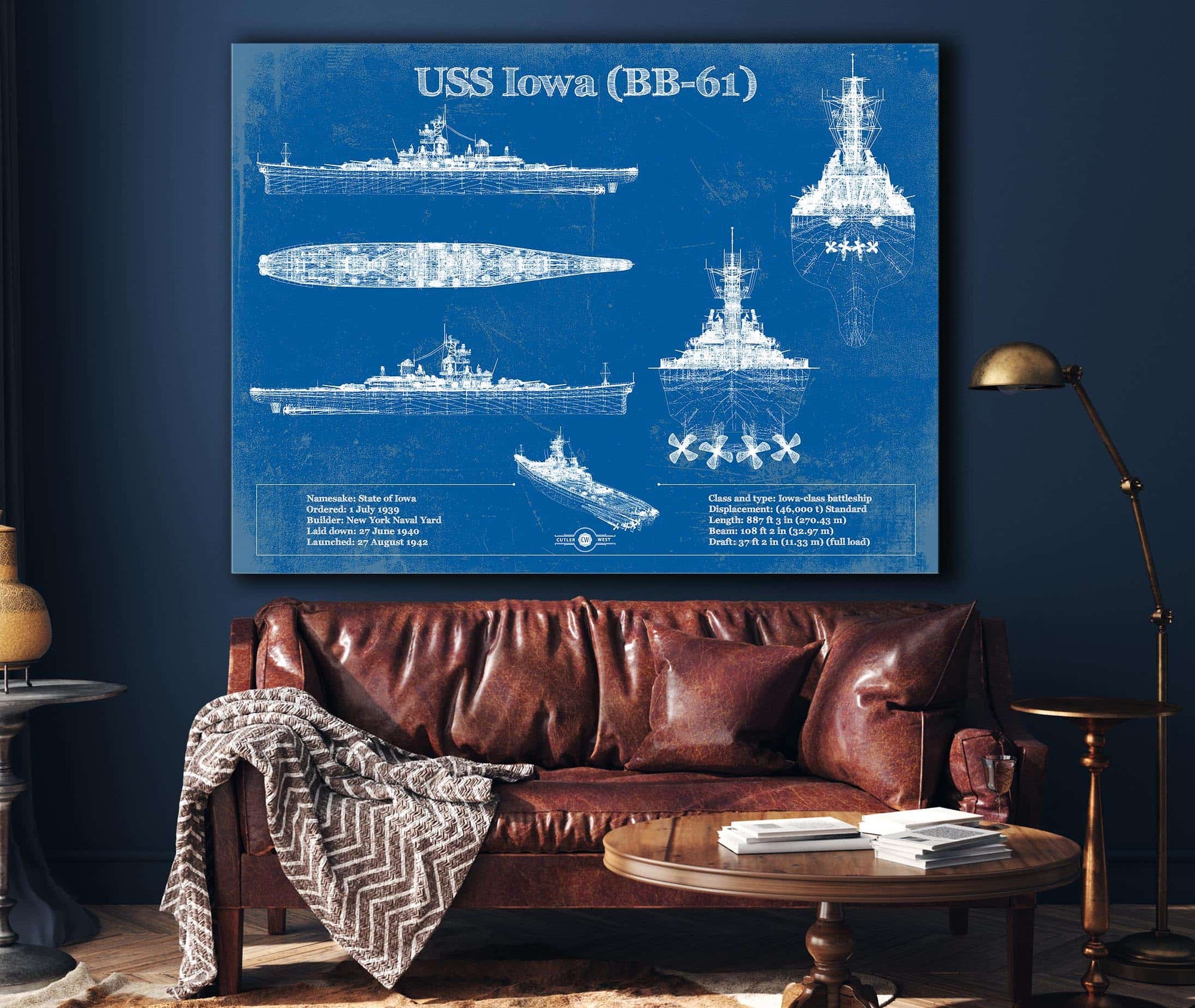 Cutler West USS Iowa (BB-61) Battleship Blueprint Original Military Wall Art - Customizable