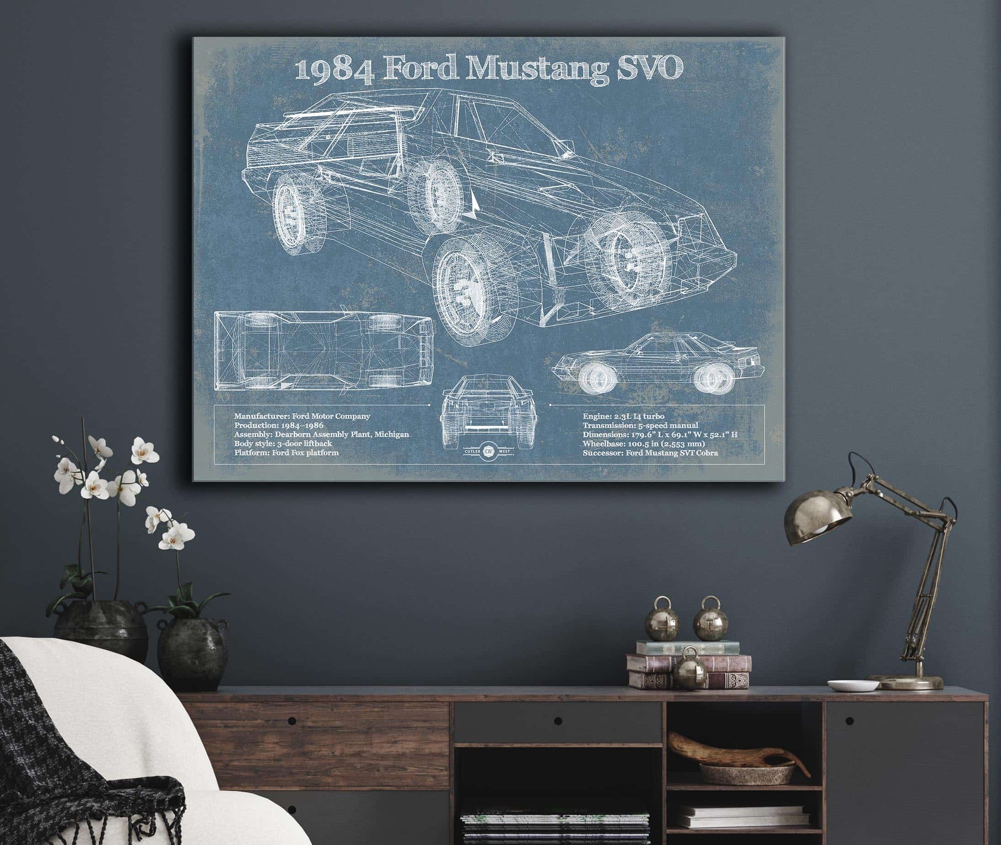 Cutler West 1984 Ford Mustang SVO Vintage Blueprint Auto Print