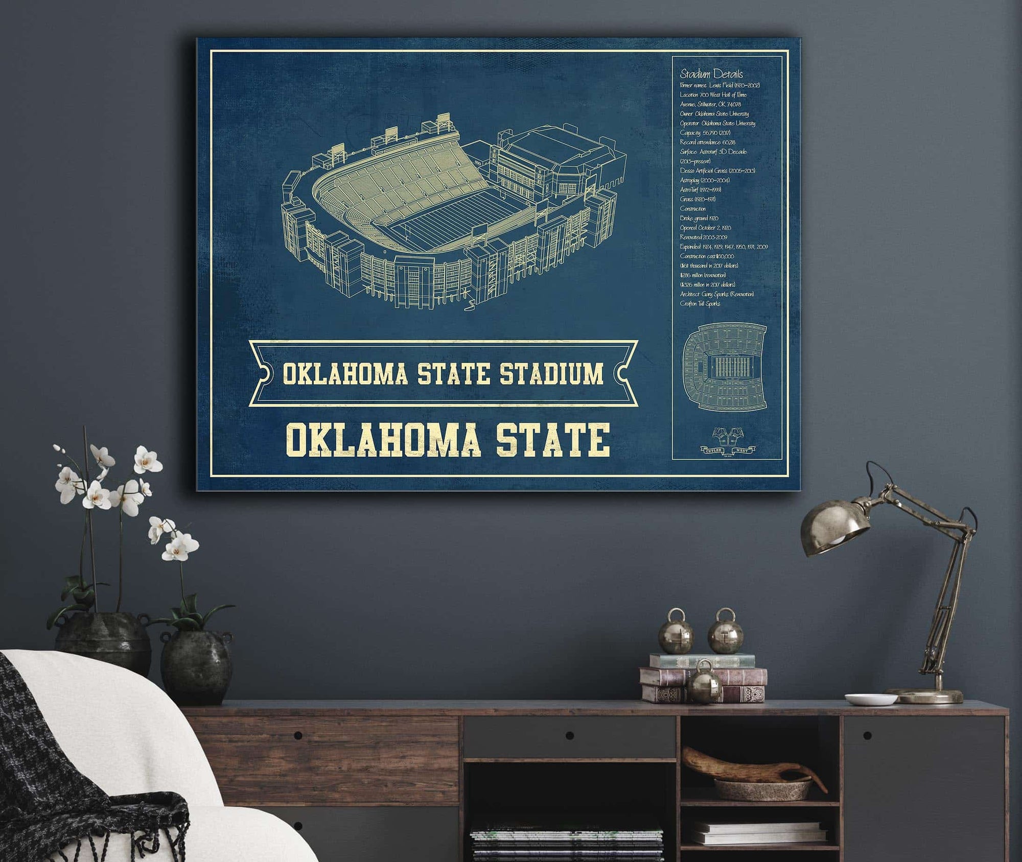 Cutler West Oklahoma State Cowboys Art - Oklahoma State Stadium Vintage Blueprint Art Print