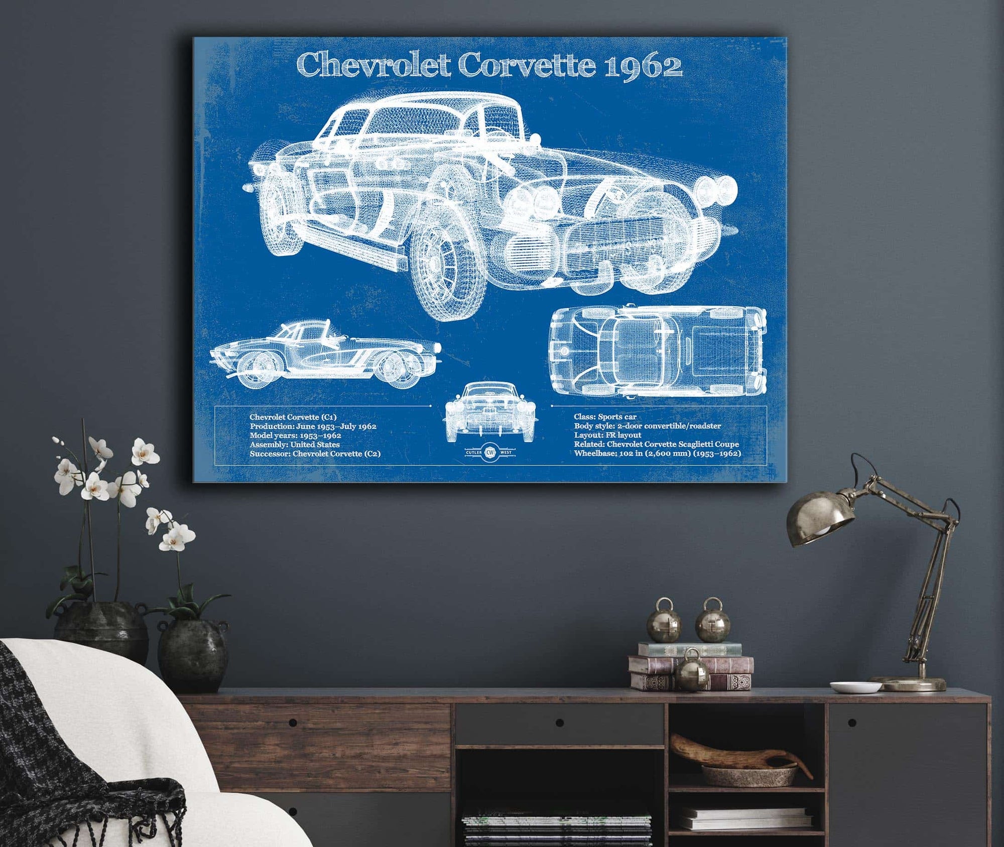 Cutler West Chevrolet Corvette 1962 Blueprint Vintage Auto Print