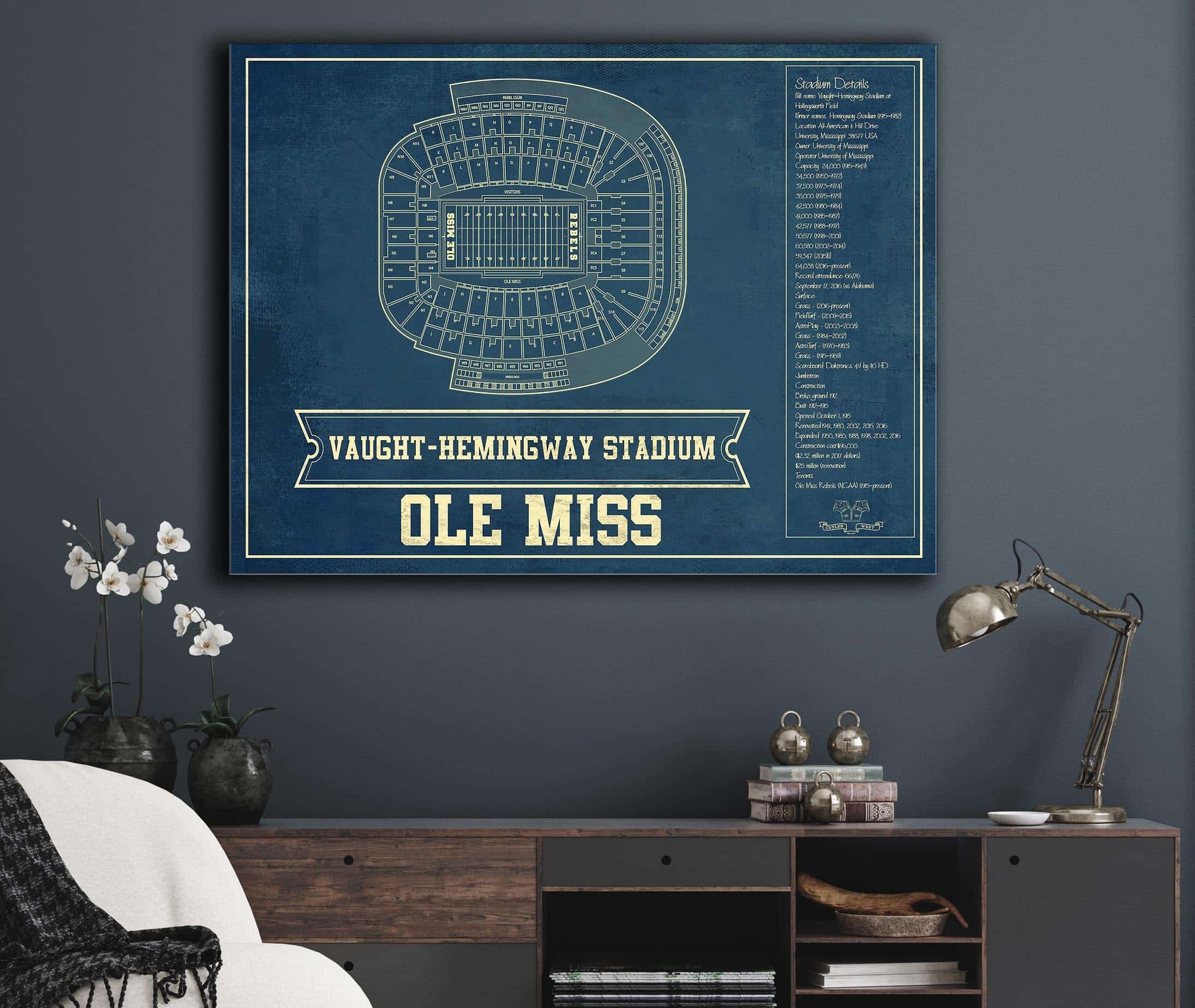 Cutler West Ole Miss Rebels Stadium Art - Vaught-Hemingway Vintage Stadium & Blueprint Art Print