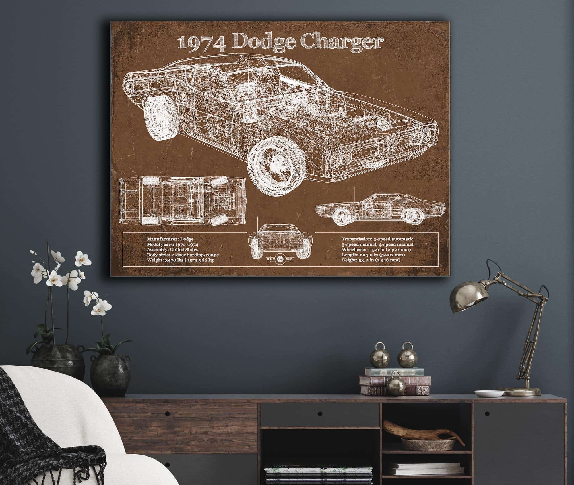 Cutler West 1974 Dodge Charger Vintage Blueprint Auto Print