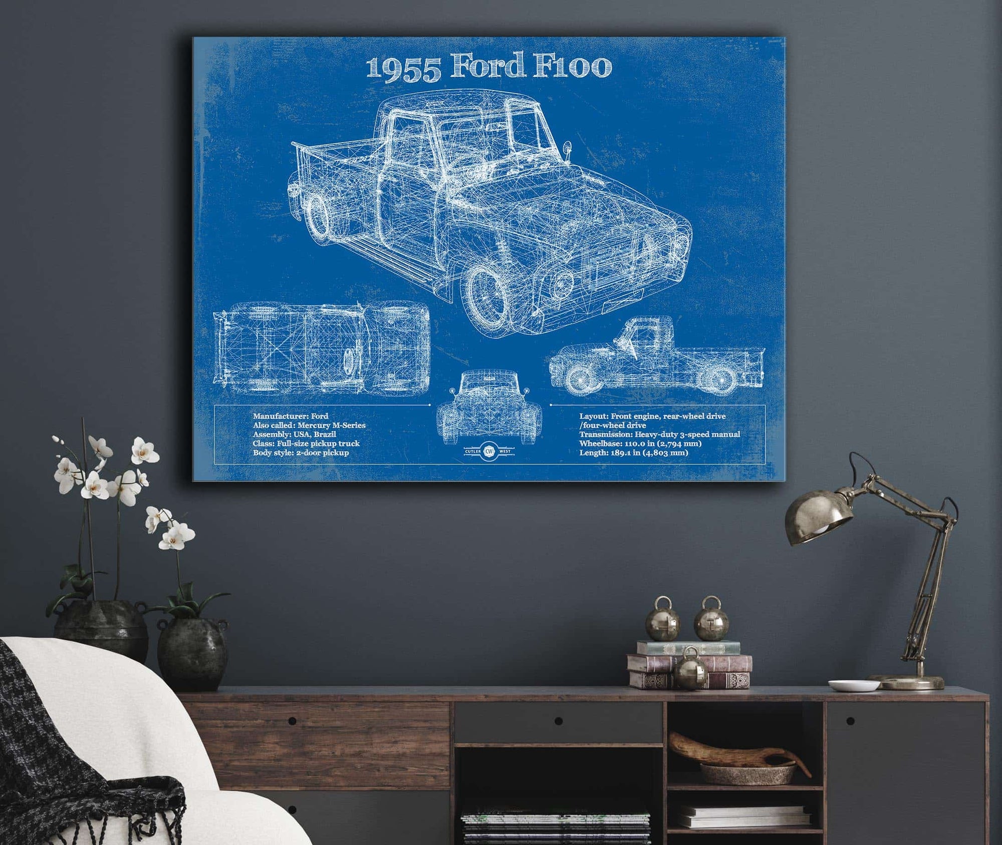 Cutler West 1955 Ford F100 Vintage Blueprint Auto Print