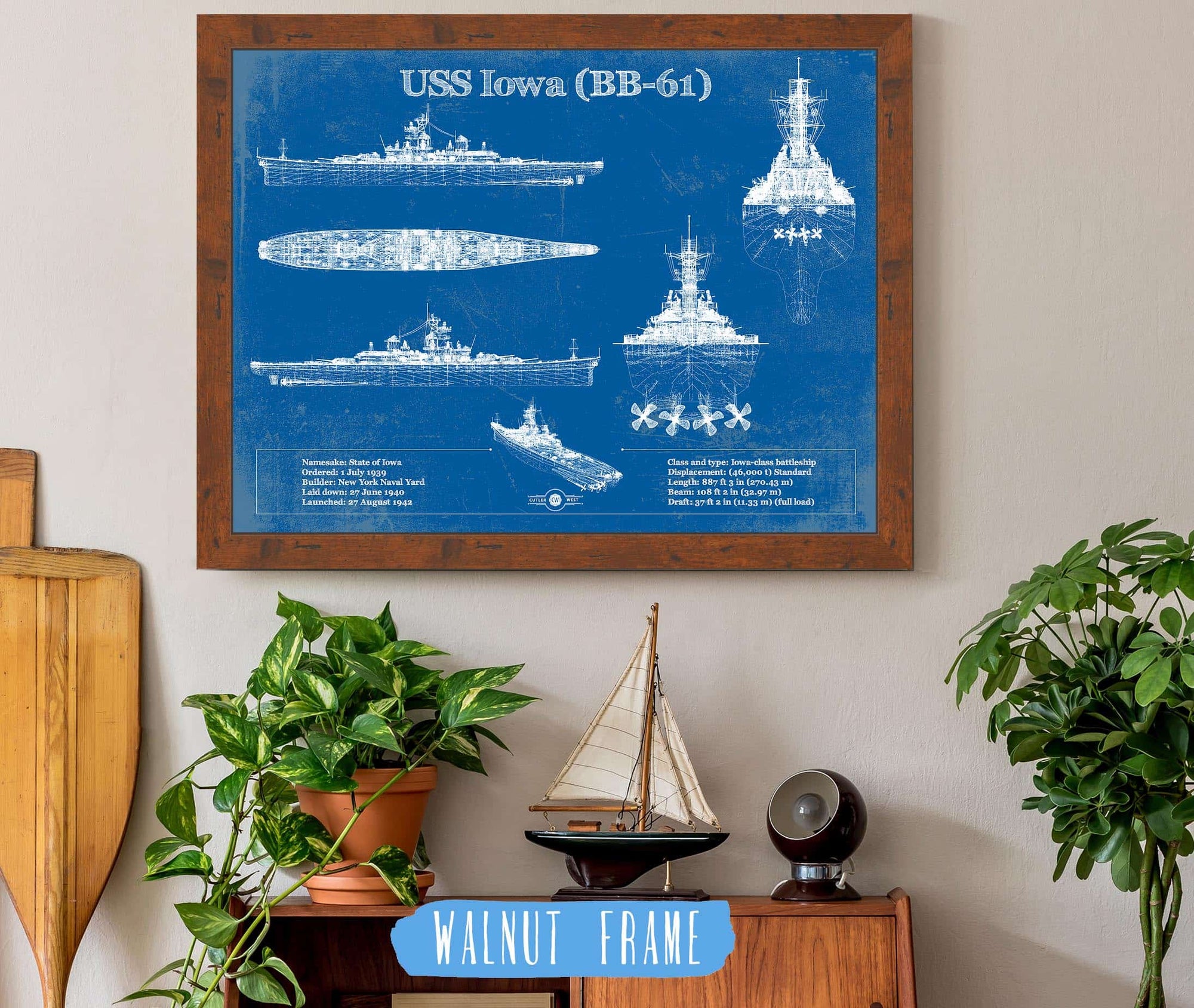 Cutler West USS Iowa (BB-61) Battleship Blueprint Original Military Wall Art - Customizable
