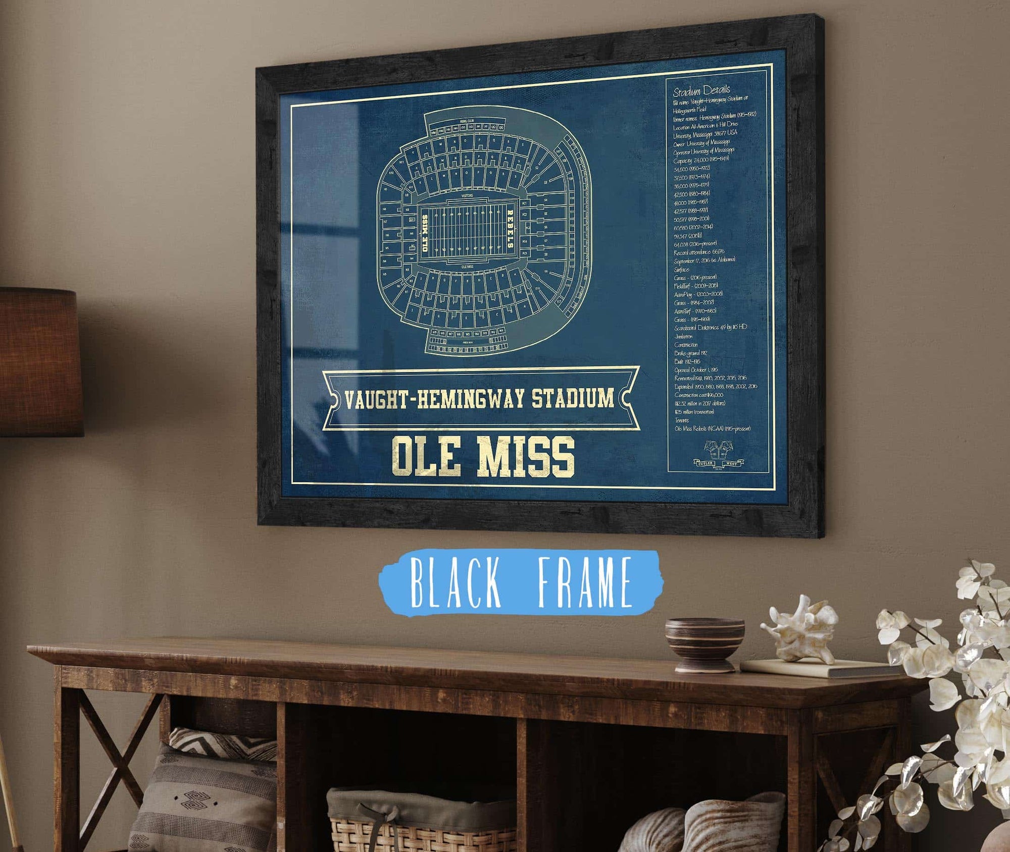 Cutler West Ole Miss Rebels Stadium Art - Vaught-Hemingway Vintage Stadium & Blueprint Art Print