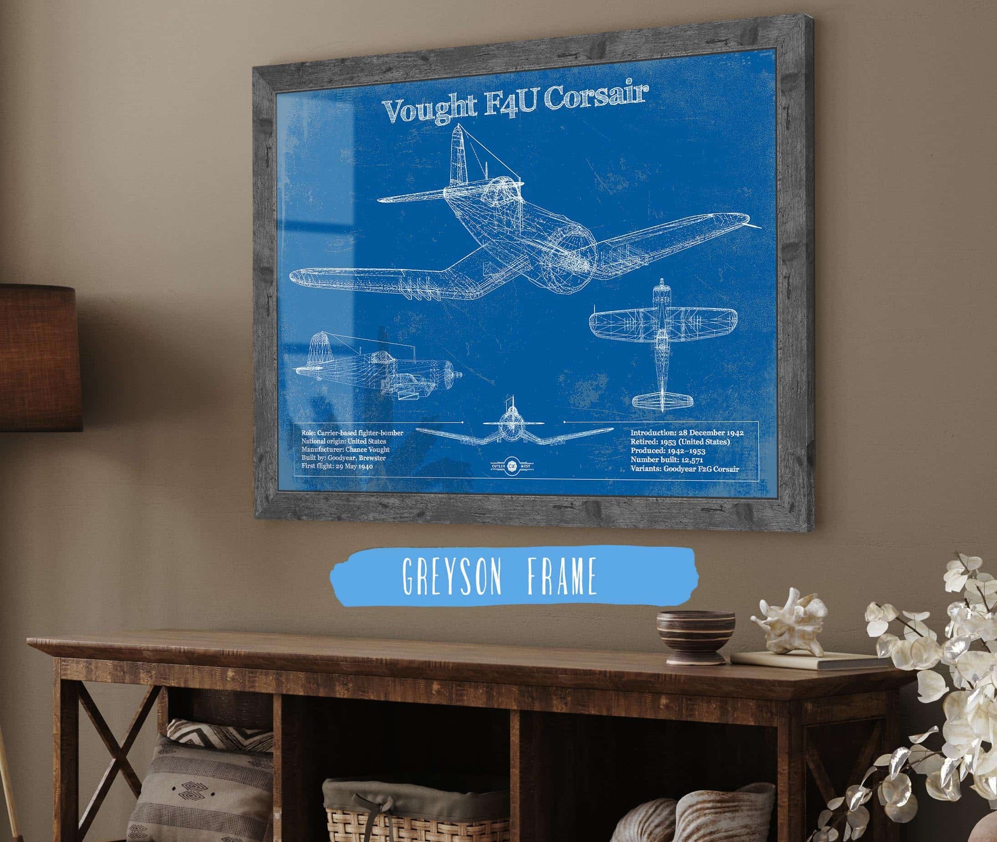 Cutler West Vought F4U Corsair Patent Blueprint Original Design Wall Art