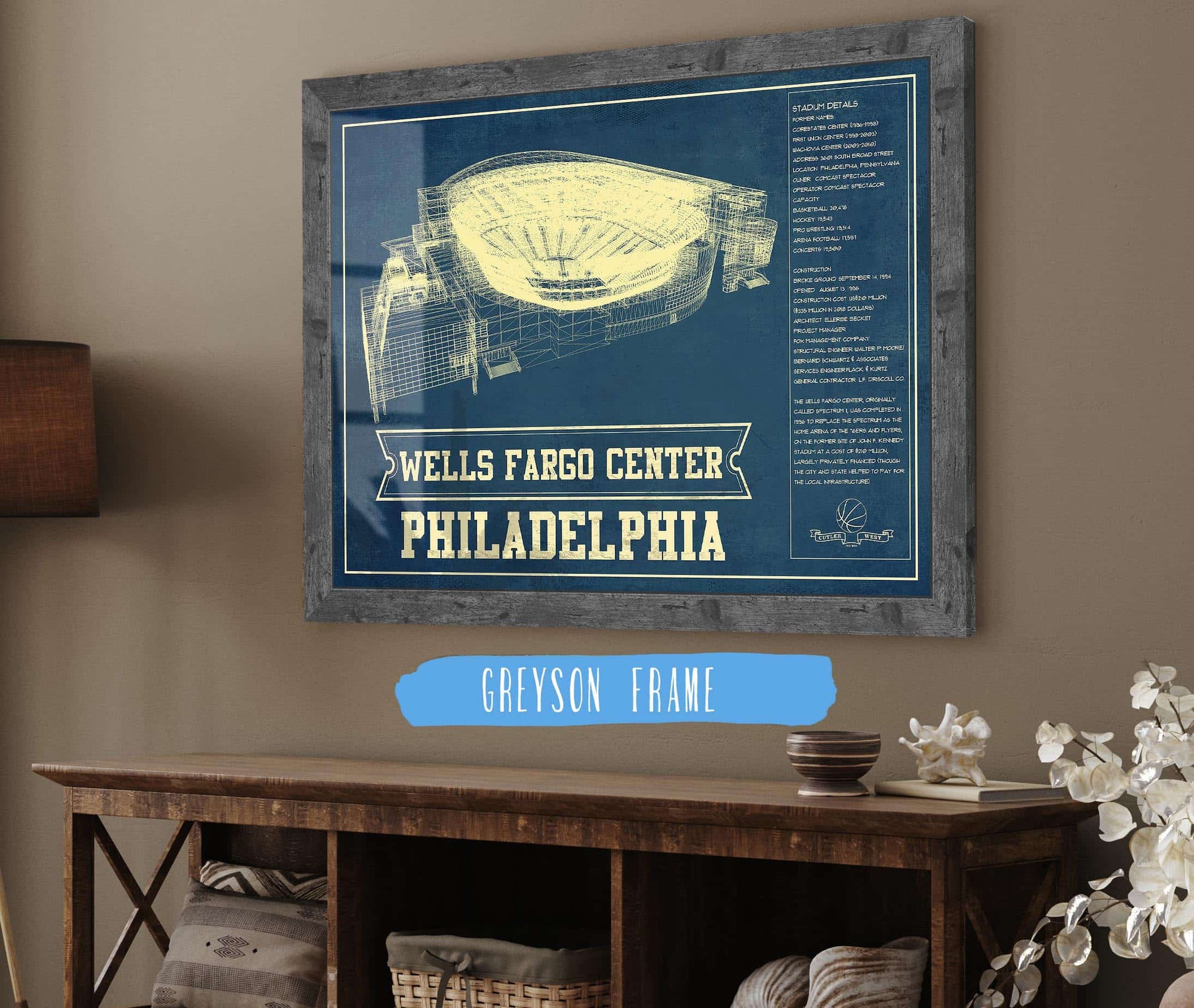 Cutler West Philadelphia 76ers - Wells Fargo Center Vintage Basketball Blueprint NBA Print