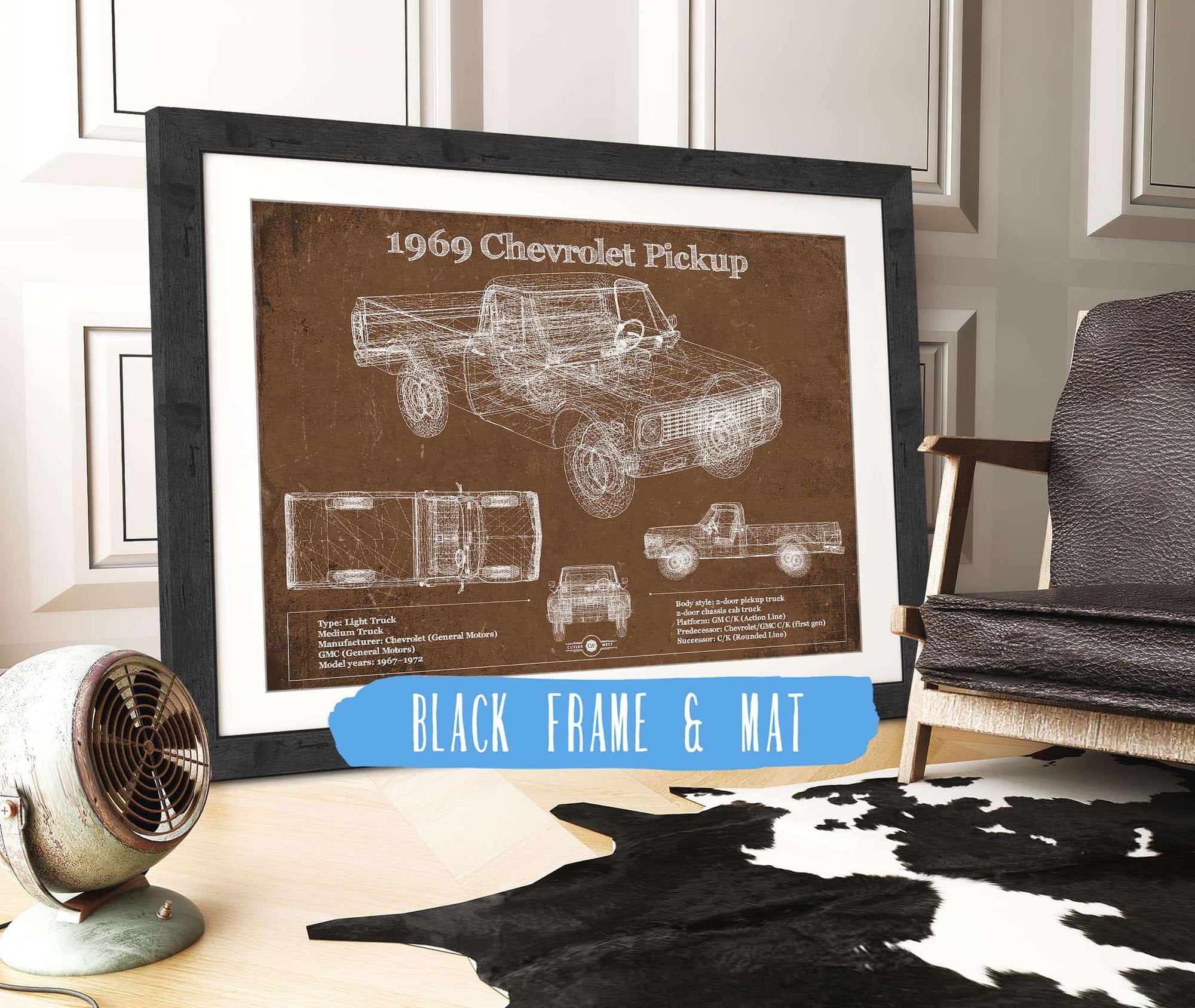 Cutler West 1969 Chevy Shortbox Pickup Vintage Blueprint Auto Print