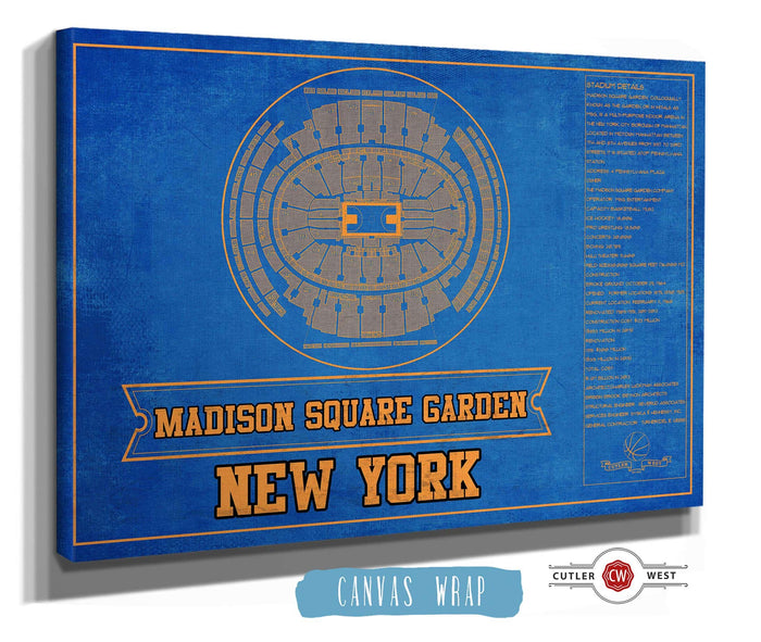 Cutler West New York Knicks - Madison Square Garden Team Color Vintage Blueprint NBA Basketball NBA Print