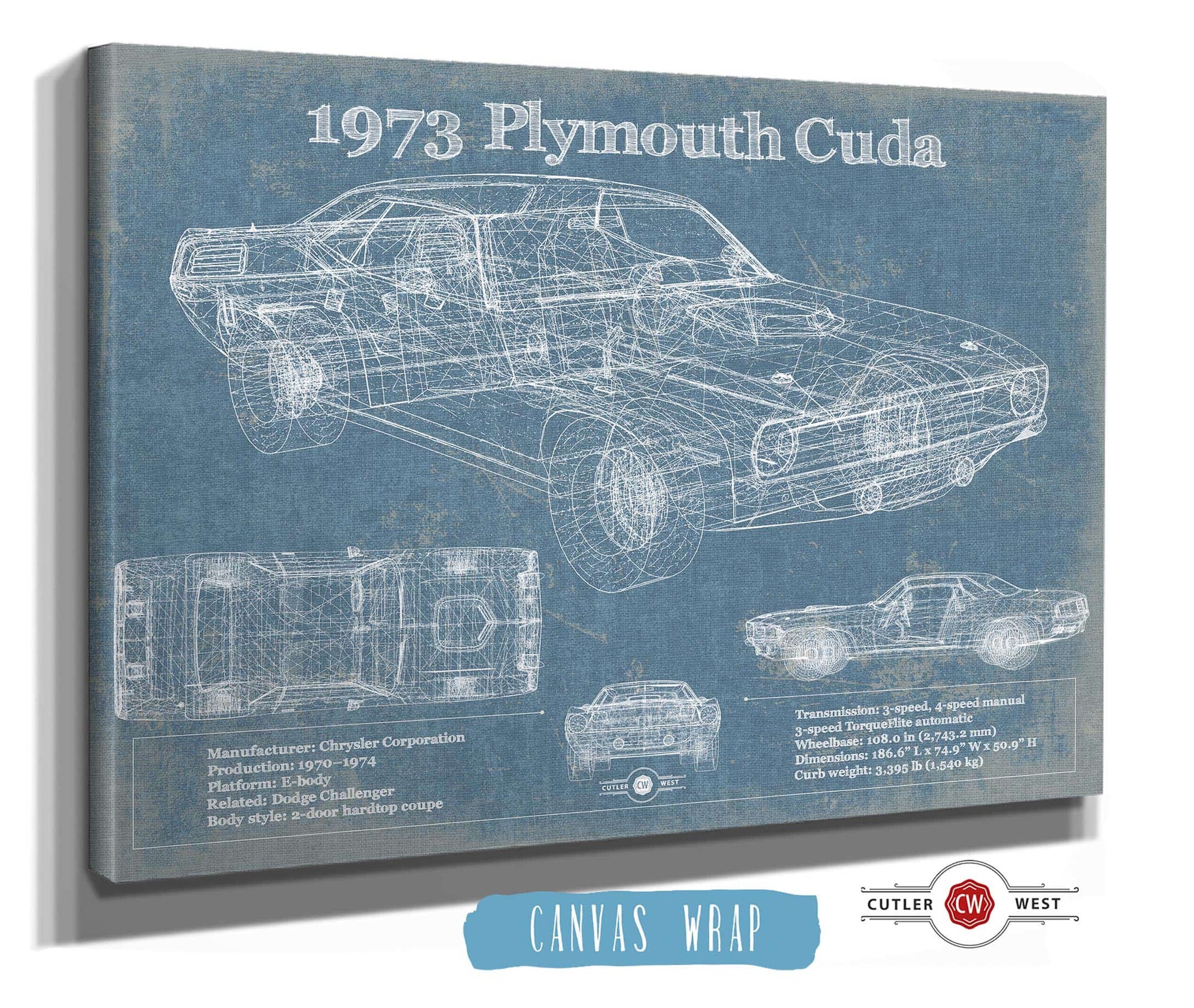 Cutler West 1973 Plymouth Cuda 440 Vintage Blueprint Auto Print