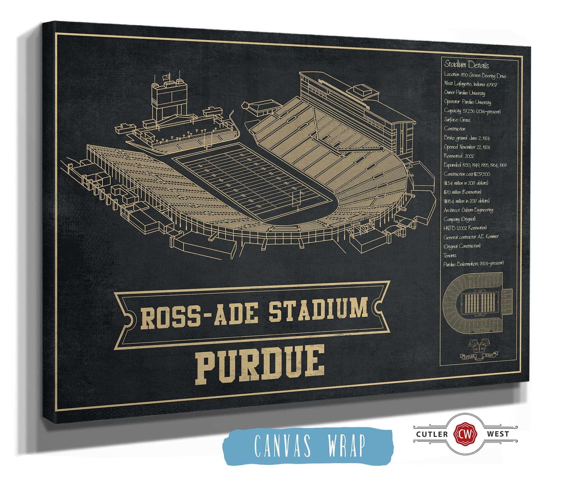 Cutler West Purdue Boilermakers - Ross-Ade Vintage Football Stadium Blueprint Art Print