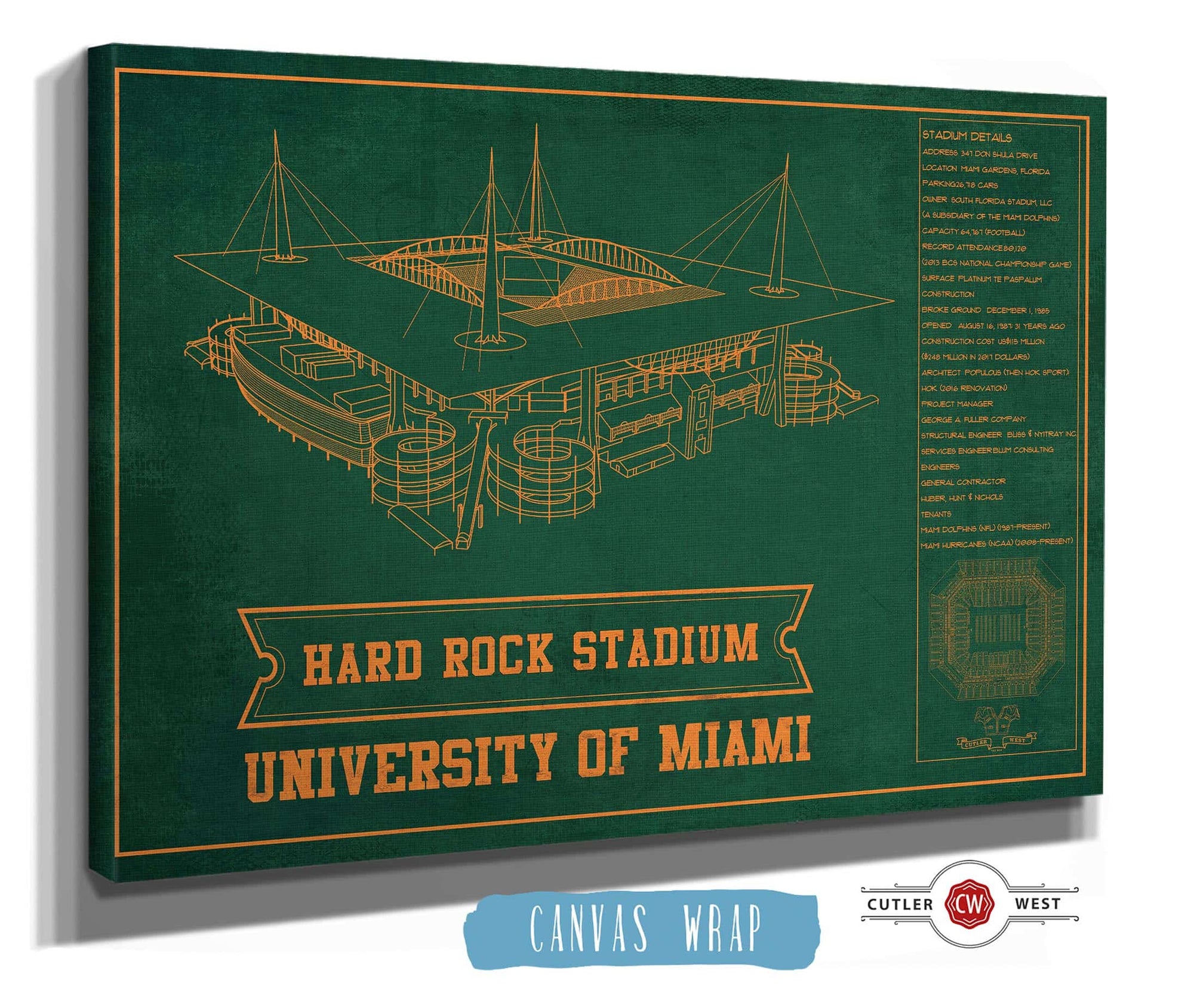 Cutler West Miami Hurricanes - Hard Rock Vintage Football Stadium Blueprint