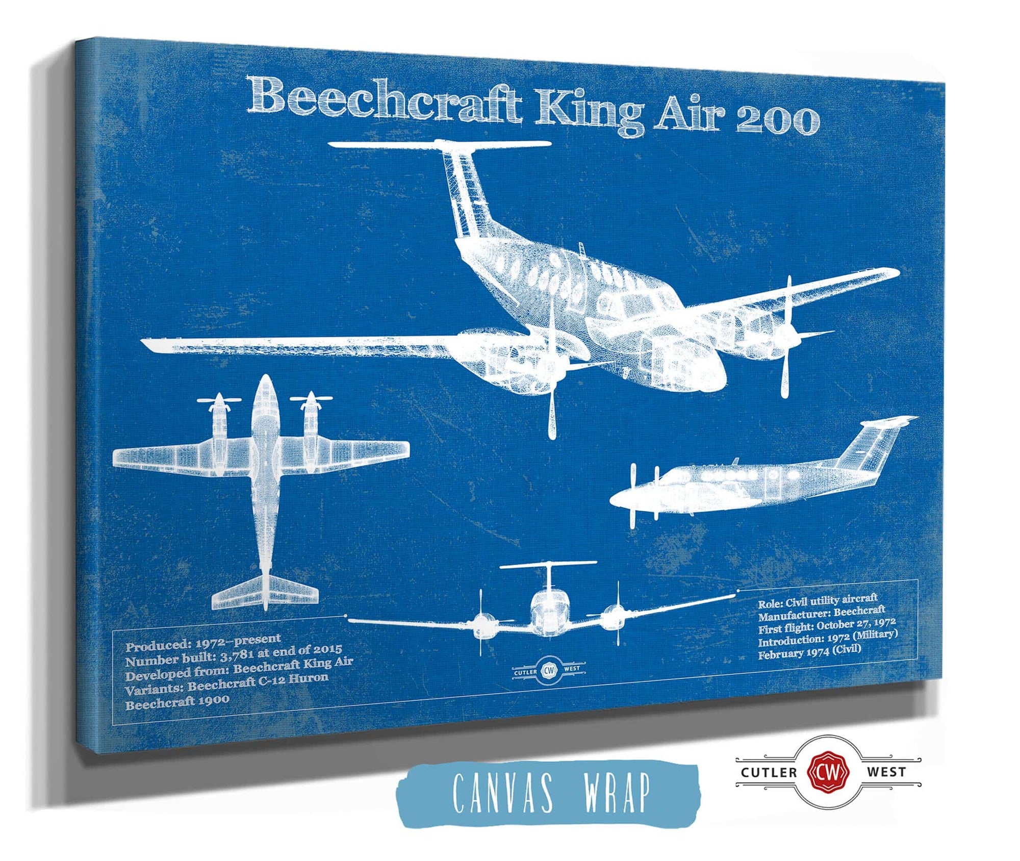 Cutler West Beechcraft Super King Air Model 200 and 300 Series Vintage Blueprint Airplane Print