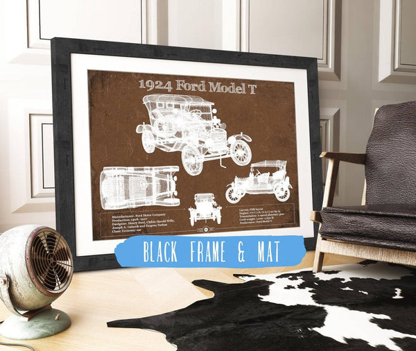 14" x 11" / Black Frame Mat Cutler West 1924 Ford Model T Vintage Blueprint Auto Print